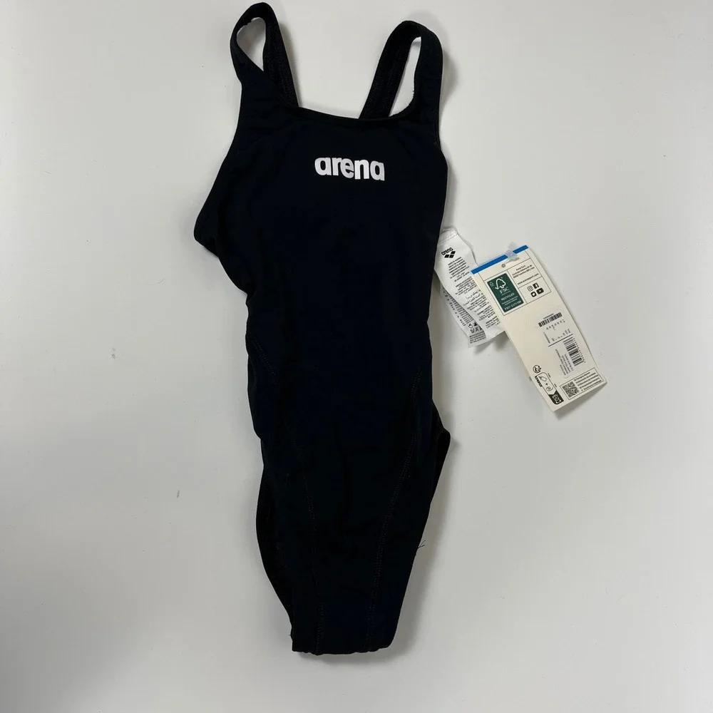 Arena Girls Team Swimsuit Swim Tech Solid Black White Size 20 JR NWT